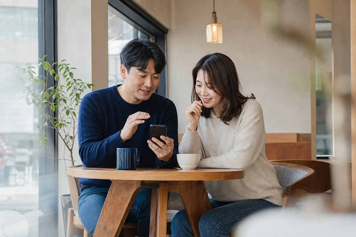 밝은 카페에서 스마트폰 화면을 함께 보며 이야기하는 한국인 고객과 상담자